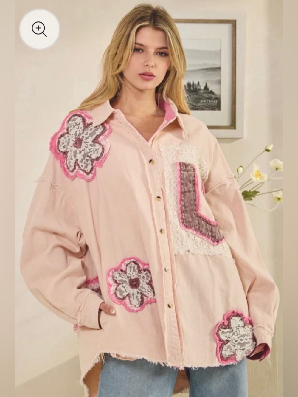 Pink Patchwork Lace Button-Up Shirt